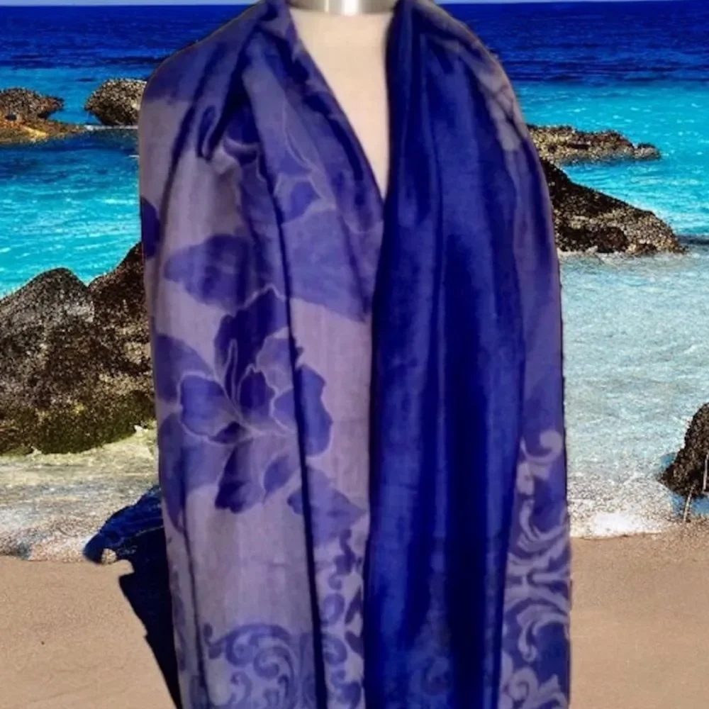 Large Damask Floral Print Scarf/Wrap | Blue/Purple with Twisted Fringes 68”x20”